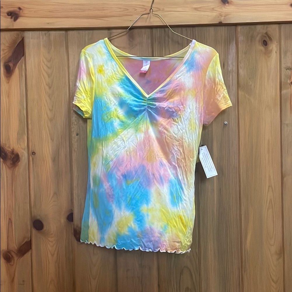 No Boundaries Yellow and Blue Ruched Fitted Short Sleeve T-Shirt